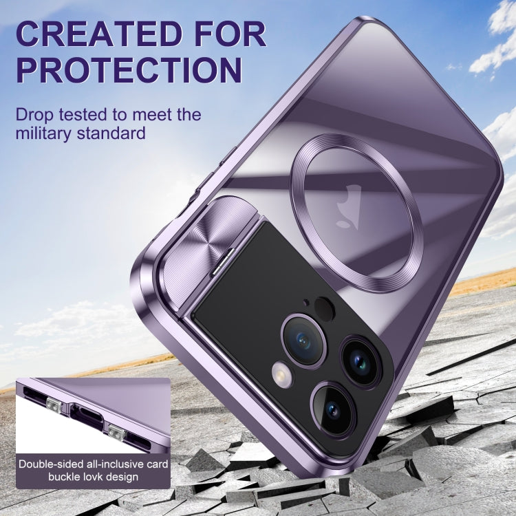For iPhone 15 Pro Large Window Holder MagSafe Magnetic Metal Phone Case(Purple) - iPhone 15 Pro Cases by PMC TechLife | Online Shopping South Africa | PMC TechLife