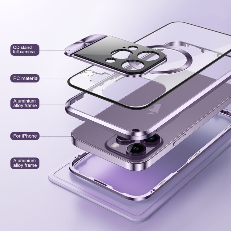 For iPhone 14 Pro Large Window Holder MagSafe Magnetic Metal Phone Case(Silver) - iPhone 14 Pro Cases by PMC TechLife | Online Shopping South Africa | PMC TechLife