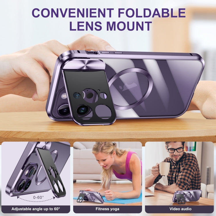 For iPhone 13 Large Window Holder MagSafe Magnetic Metal Phone Case(Purple) - iPhone 13 Cases by PMC TechLife | Online Shopping South Africa | PMC TechLife