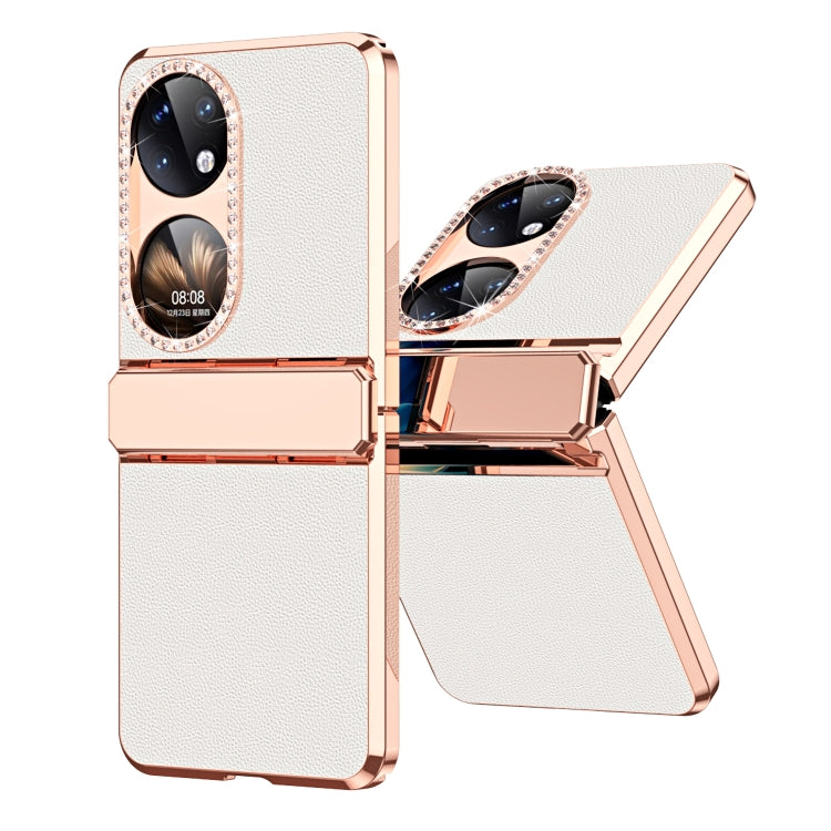 For Huawei P50 Pocket Plated Plain Leather Folding Phone Case with Hinge(White) - Huawei Cases by PMC TechLife | Online Shopping South Africa | PMC TechLife | Buy Now Pay Later Mobicred