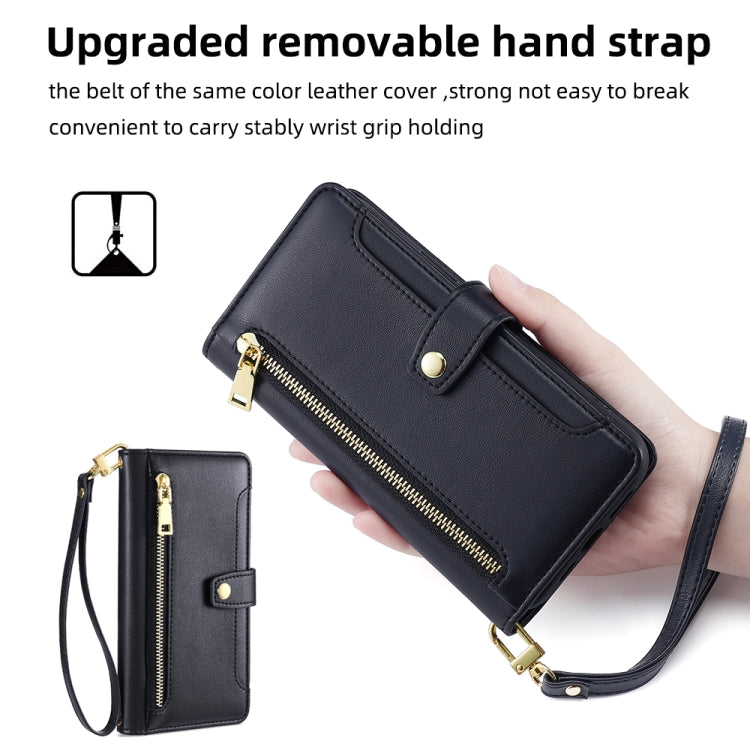 For Honor X7a Sheep Texture Cross-body Zipper Wallet Leather Phone Case(Black) - Honor Cases by PMC TechLife | Online Shopping South Africa | PMC TechLife | Buy Now Pay Later Mobicred