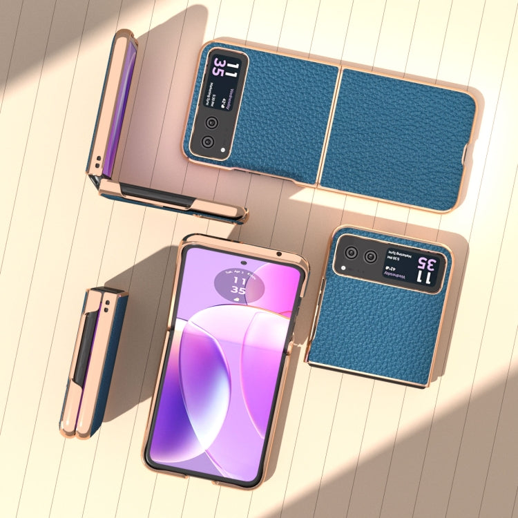 For Motorola Razr 40 Nano Electroplating Genuine Leather Litchi Texture Phone Case(Blue) - Motorola Cases by PMC TechLife | Online Shopping South Africa | PMC TechLife | Buy Now Pay Later Mobicred