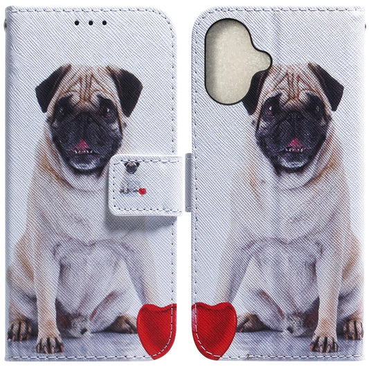 For iPhone 16 Coloured Drawing Flip Leather Phone Case(Pug) - iPhone 16 Cases by PMC Jewellery | Online Shopping South Africa | PMC Jewellery | Buy Now Pay Later Mobicred