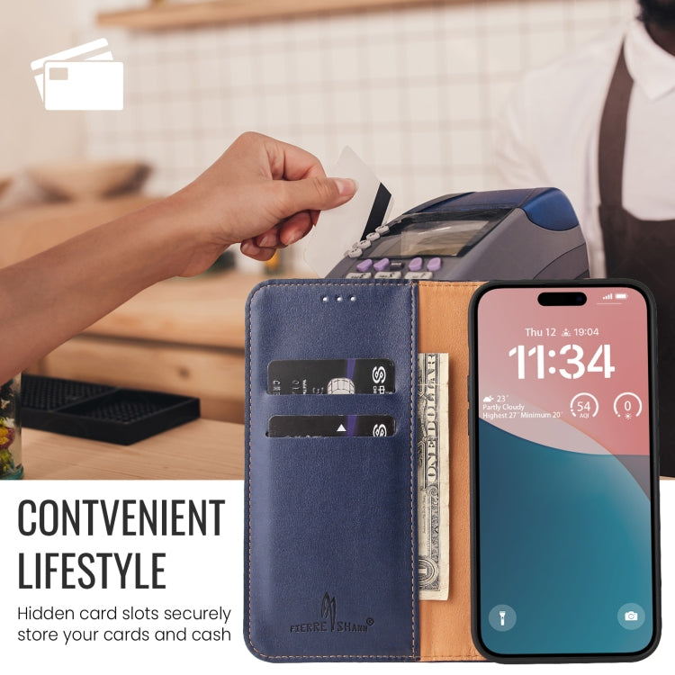 For iPhone 16 Fierre Shann PU Genuine Leather Texture Phone Case(Blue) - iPhone 16 Cases by FIERRE SHANN | Online Shopping South Africa | PMC Jewellery | Buy Now Pay Later Mobicred