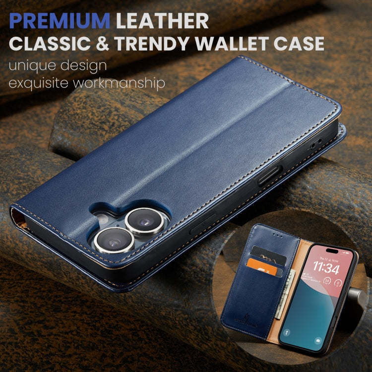 For iPhone 16 Plus Fierre Shann PU Genuine Leather Texture Phone Case(Blue) - iPhone 16 Plus Cases by FIERRE SHANN | Online Shopping South Africa | PMC Jewellery | Buy Now Pay Later Mobicred