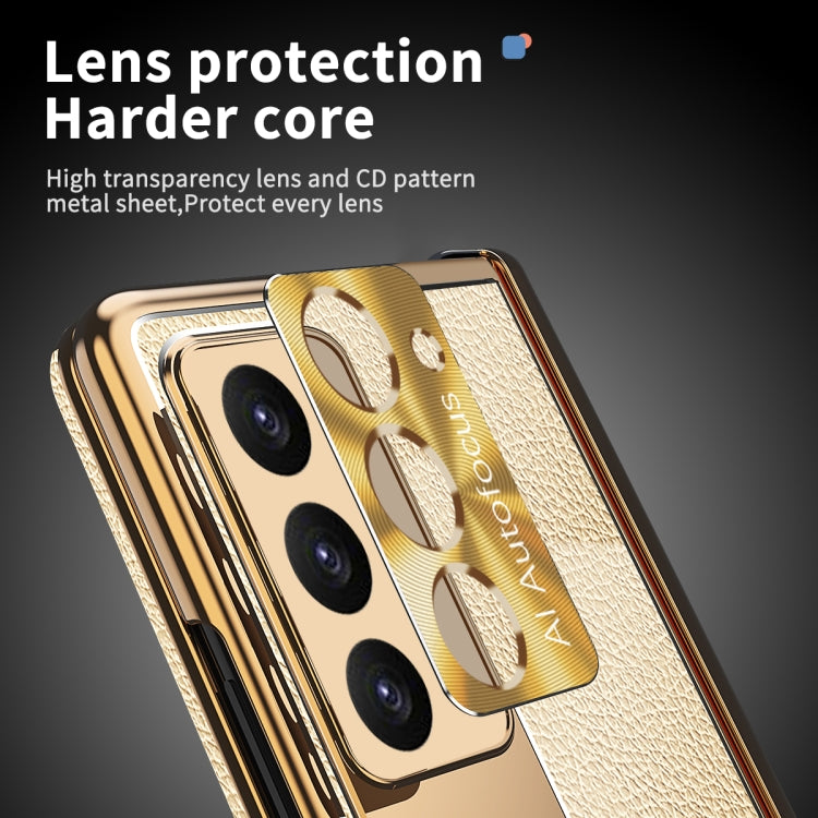 For Samsung Galaxy Z Fold5 Litchi Pattern Magnetic Shell Film Integrated Shockproof Phone Case(Gold) - Galaxy Z Fold5 Cases by PMC TechLife | Online Shopping South Africa | PMC TechLife