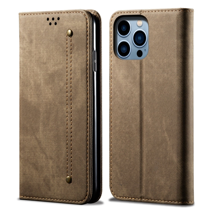 For iPhone 16 Pro Max Denim Texture Casual Style Horizontal Flip Leather Case(Khaki) - iPhone 16 Pro Max Cases by PMC TechLife | Online Shopping South Africa | PMC TechLife | Buy Now Pay Later Mobicred