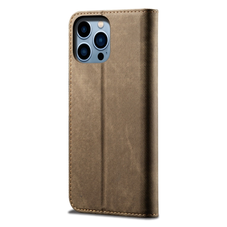 For iPhone 16 Pro Max Denim Texture Casual Style Horizontal Flip Leather Case(Khaki) - iPhone 16 Pro Max Cases by PMC TechLife | Online Shopping South Africa | PMC TechLife | Buy Now Pay Later Mobicred