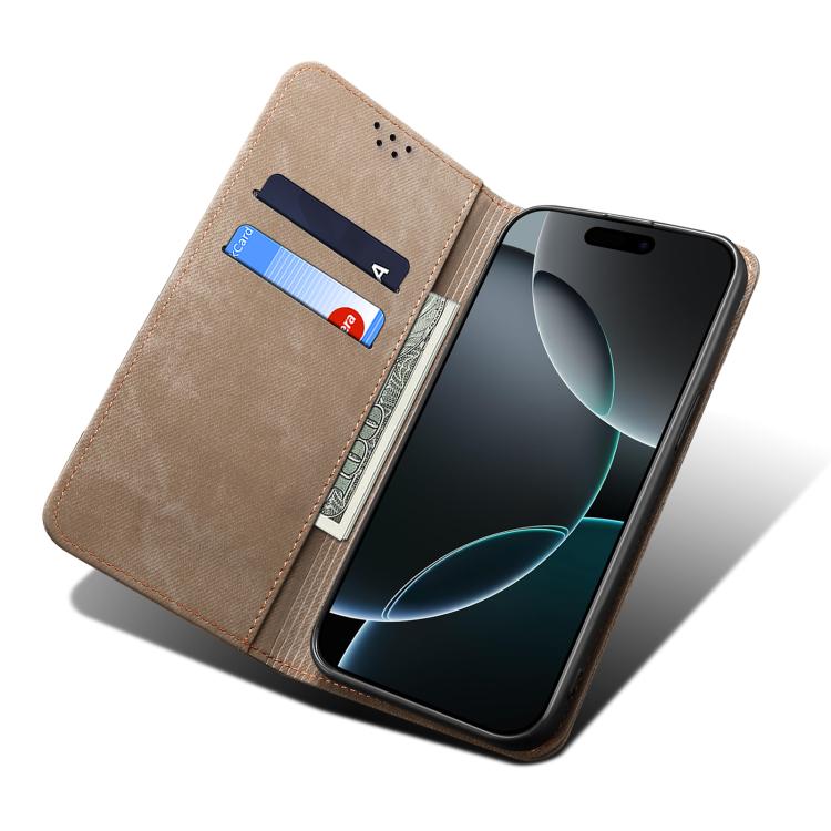 For iPhone 16e Denim Texture Casual Style Horizontal Flip Leather Case(Khaki) - iPhone 16e Cases by PMC TechLife | Online Shopping South Africa | PMC TechLife | Buy Now Pay Later Mobicred