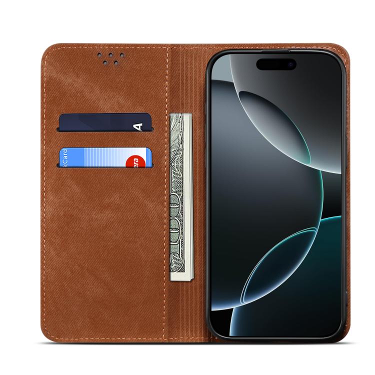 For iPhone 16e Denim Texture Casual Style Horizontal Flip Leather Case(Brown) - iPhone 16e Cases by PMC TechLife | Online Shopping South Africa | PMC TechLife | Buy Now Pay Later Mobicred