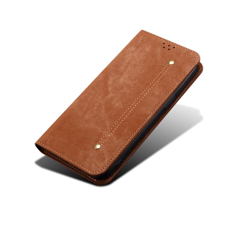 For iPhone 16e Denim Texture Casual Style Horizontal Flip Leather Case(Brown) - iPhone 16e Cases by PMC TechLife | Online Shopping South Africa | PMC TechLife | Buy Now Pay Later Mobicred
