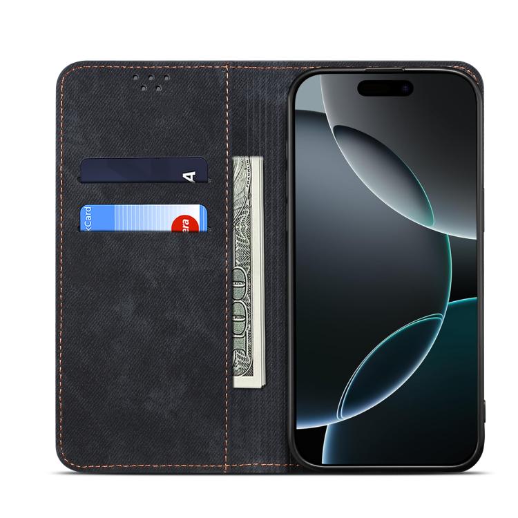 For iPhone 16e Denim Texture Casual Style Horizontal Flip Leather Case(Black) - iPhone 16e Cases by PMC TechLife | Online Shopping South Africa | PMC TechLife | Buy Now Pay Later Mobicred