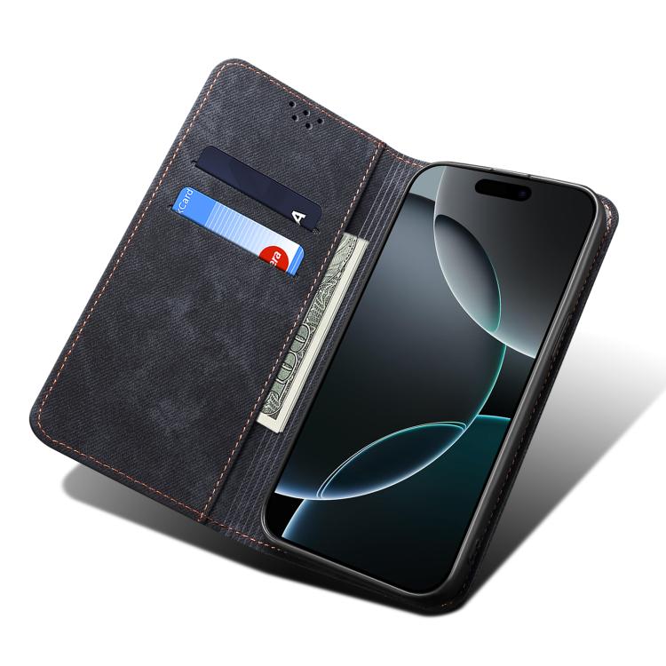 For iPhone 16e Denim Texture Casual Style Horizontal Flip Leather Case(Black) - iPhone 16e Cases by PMC TechLife | Online Shopping South Africa | PMC TechLife | Buy Now Pay Later Mobicred