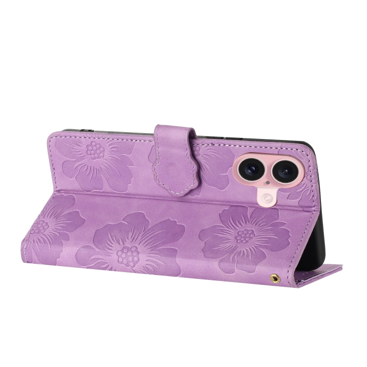 For iPhone 16 Flower Embossing Pattern Leather Phone Case(Purple) - iPhone 16 Cases by PMC TechLife | Online Shopping South Africa | PMC TechLife | Buy Now Pay Later Mobicred