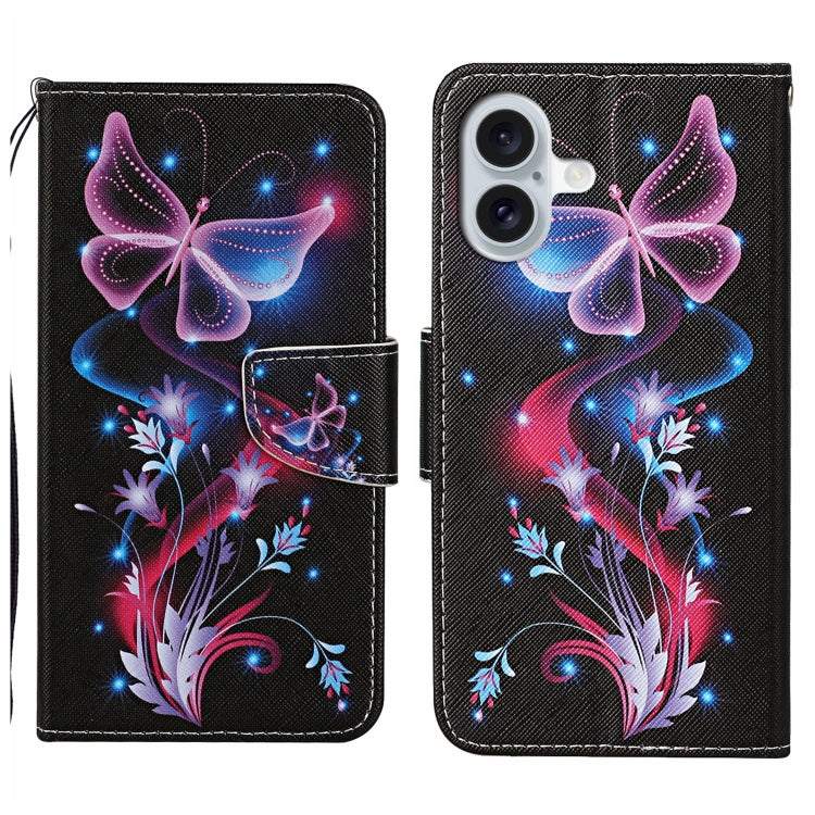 For iPhone 16 3D Colored Drawing Flip Leather Phone Case(Fluorescent Butterfly) - iPhone 16 Cases by PMC TechLife | Online Shopping South Africa | PMC TechLife | Buy Now Pay Later Mobicred