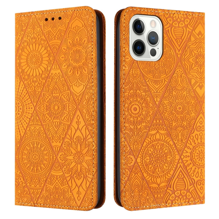 For iPhone 16 Pro Max Ethnic Embossed Adsorption Leather Phone Case(Yellow) - iPhone 16 Pro Max Cases by PMC TechLife | Online Shopping South Africa | PMC TechLife | Buy Now Pay Later Mobicred