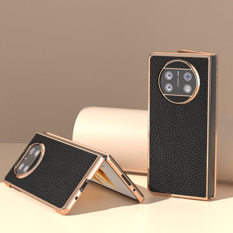 For Huawei Mate X3 Electroplating Genuine Leather Litchi Texture Phone Case(Black) - Huawei Cases by PMC TechLife | Online Shopping South Africa | PMC TechLife | Buy Now Pay Later Mobicred