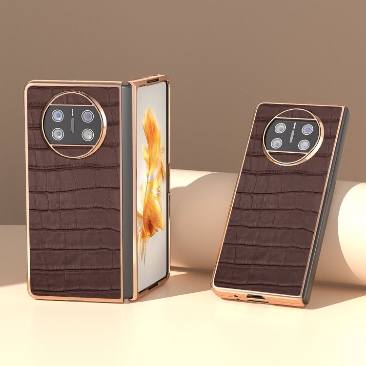 For Huawei Mate X3 Electroplating Crocodile Texture Genuine Leather Phone Case(Brown) - Huawei Cases by PMC TechLife | Online Shopping South Africa | PMC TechLife | Buy Now Pay Later Mobicred