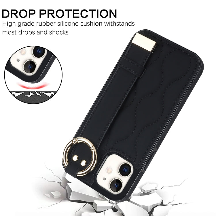 For iPhone 12 mini Non-slip Full Coverage Ring PU Phone Case with Wristband(Black) - iPhone 12 mini Cases by PMC TechLife | Online Shopping South Africa | PMC TechLife