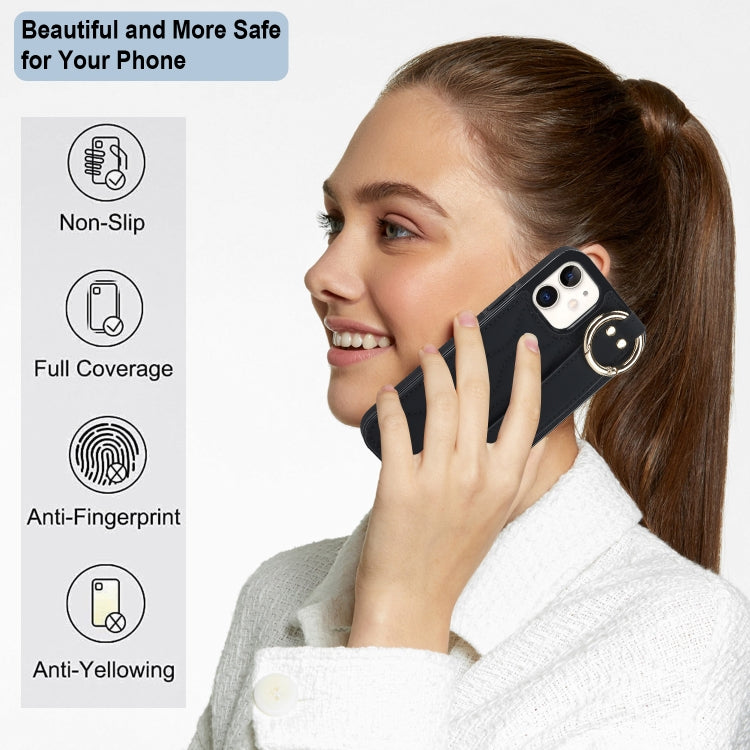 For iPhone 12 mini Non-slip Full Coverage Ring PU Phone Case with Wristband(Black) - iPhone 12 mini Cases by PMC TechLife | Online Shopping South Africa | PMC TechLife