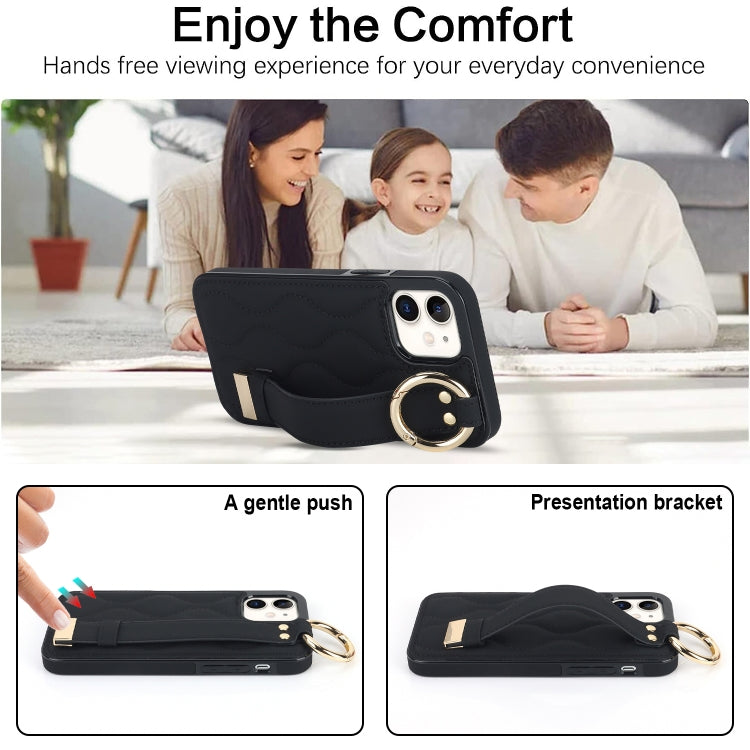 For iPhone 12 mini Non-slip Full Coverage Ring PU Phone Case with Wristband(Black) - iPhone 12 mini Cases by PMC TechLife | Online Shopping South Africa | PMC TechLife