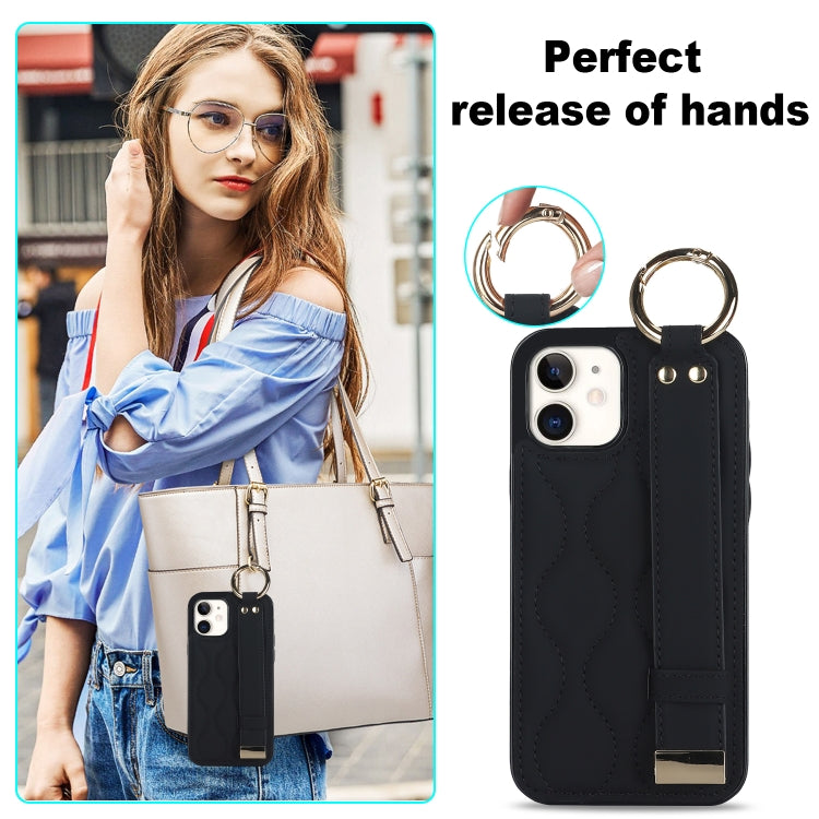 For iPhone 12 mini Non-slip Full Coverage Ring PU Phone Case with Wristband(Black) - iPhone 12 mini Cases by PMC TechLife | Online Shopping South Africa | PMC TechLife