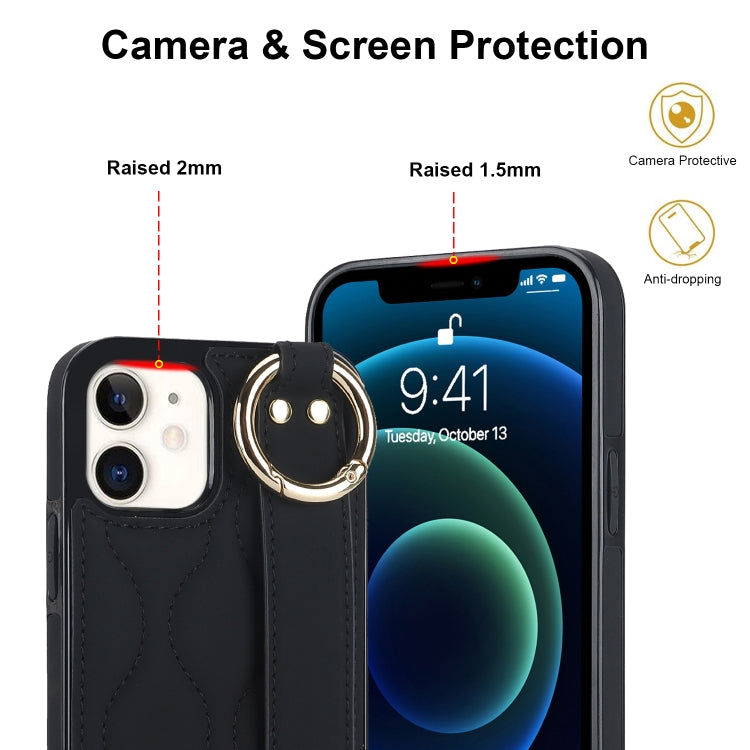 For iPhone 12 mini Non-slip Full Coverage Ring PU Phone Case with Wristband(Black) - iPhone 12 mini Cases by PMC TechLife | Online Shopping South Africa | PMC TechLife