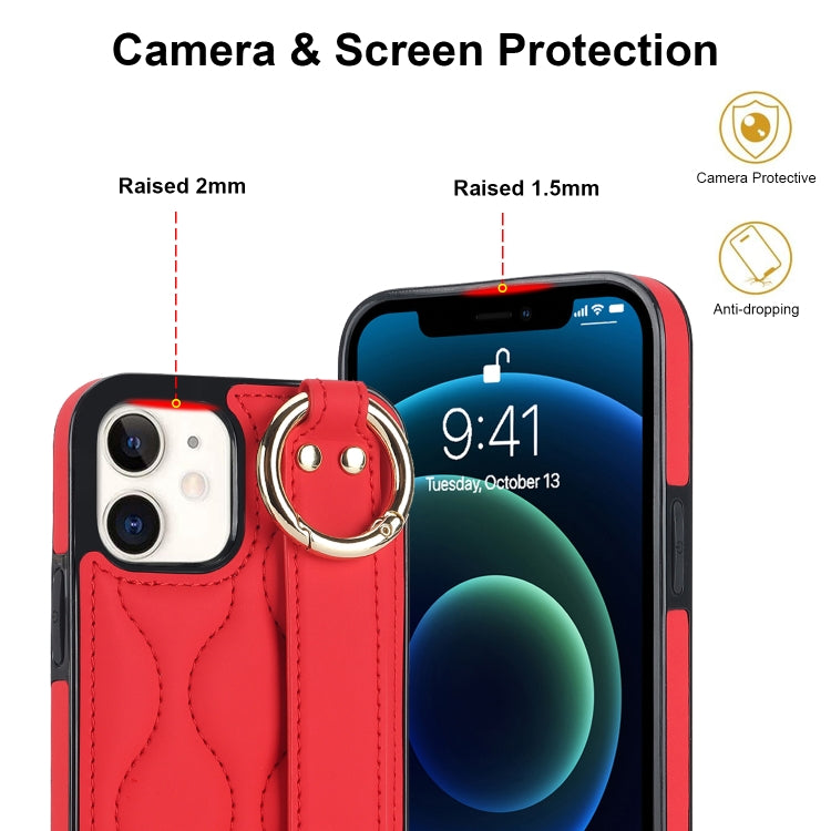 For iPhone 12 mini Non-slip Full Coverage Ring PU Phone Case with Wristband(Red) - iPhone 12 mini Cases by PMC TechLife | Online Shopping South Africa | PMC TechLife