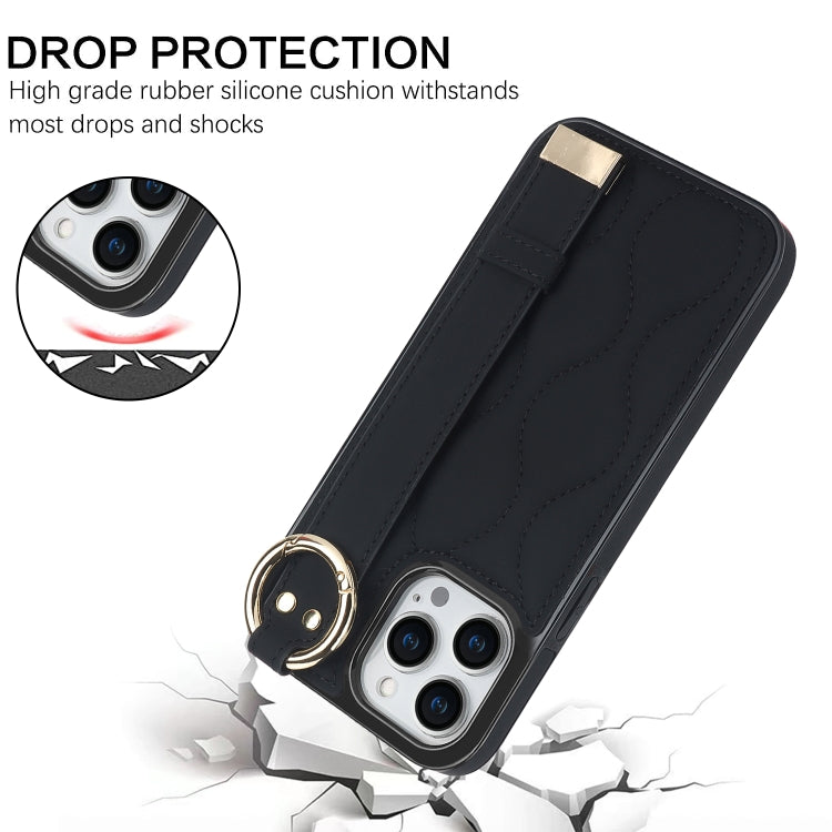 For iPhone 14 Pro Non-slip Full Coverage Ring PU Phone Case with Wristband(Black) - iPhone 14 Pro Cases by PMC TechLife | Online Shopping South Africa | PMC TechLife
