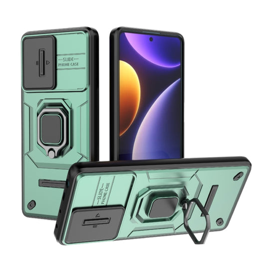 For Xiaomi Redmi Note 12 Turbo 5G Sliding Camshield TPU + PC Shockproof Phone Case with Holder(Green) - Xiaomi Cases by PMC Jewellery | Online Shopping South Africa | PMC Jewellery | Buy Now Pay Later Mobicred