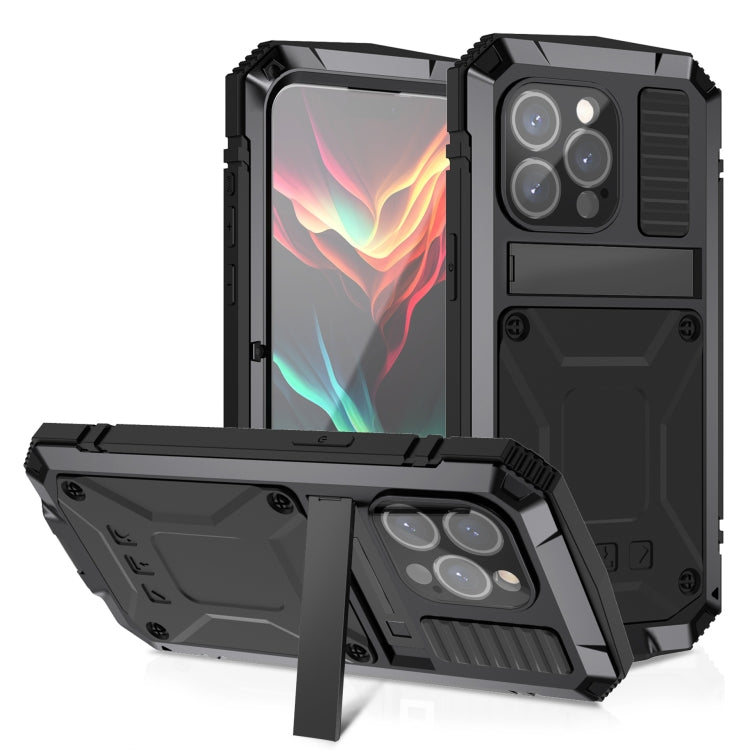 For iPhone 15 Pro R-JUST Shockproof Life Waterproof Dust-proof Metal + Silicone Phone Case with Holder(Black) - iPhone 15 Pro Cases by R-JUST | Online Shopping South Africa | PMC TechLife | Buy Now Pay Later Mobicred