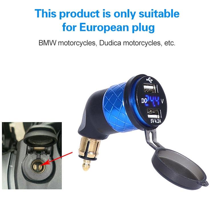 German EU Plug Special Motorcycle Elbow Charger Dual USB Voltmeter 4.2A Charger, Shell Color:Blue(Red Light) - Battery Charger by PMC TechLife | Online Shopping South Africa | PMC TechLife | Buy Now Pay Later Mobicred
