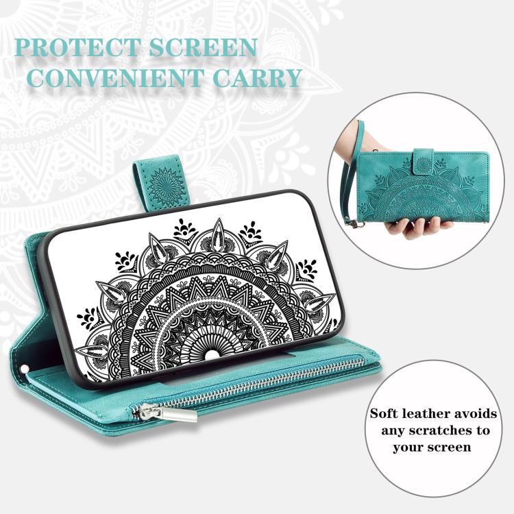 For iPhone 16e Multi-Card Totem Zipper Leather Phone Case(Green) - iPhone 16e Cases by PMC TechLife | Online Shopping South Africa | PMC TechLife | Buy Now Pay Later Mobicred