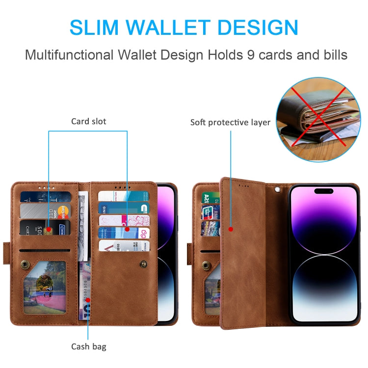 For iPhone 16 Nine Card Zipper Bag Leather Phone Case with Lanyard(Brown) - iPhone 16 Cases by PMC TechLife | Online Shopping South Africa | PMC TechLife | Buy Now Pay Later Mobicred