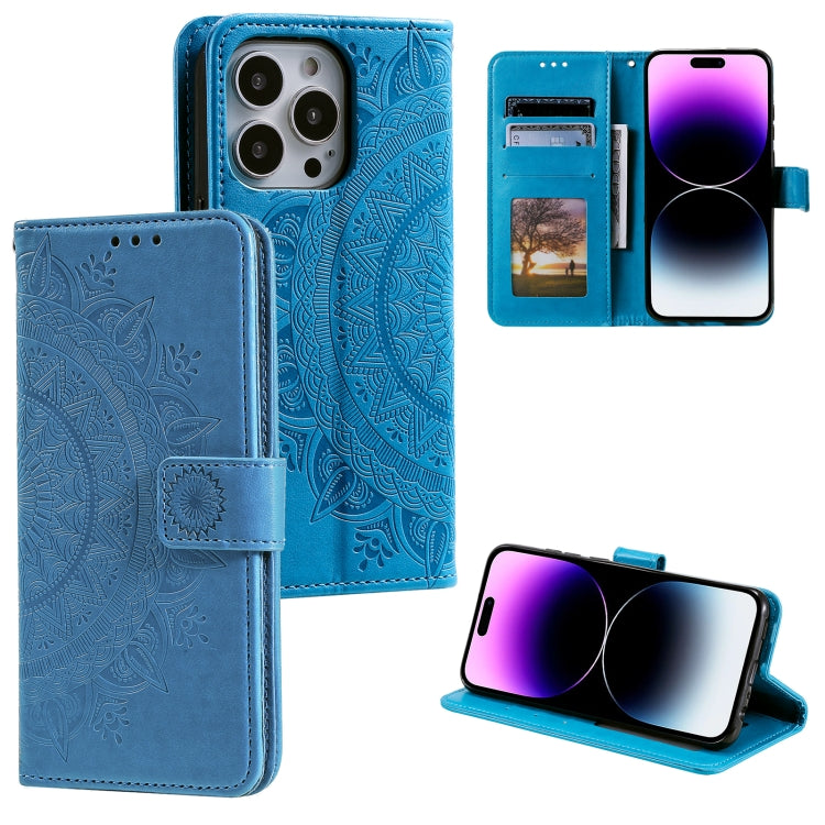 For iPhone 16 Pro Max Totem Flower Embossed Leather Phone Case(Blue) - iPhone 16 Pro Max Cases by PMC TechLife | Online Shopping South Africa | PMC TechLife | Buy Now Pay Later Mobicred