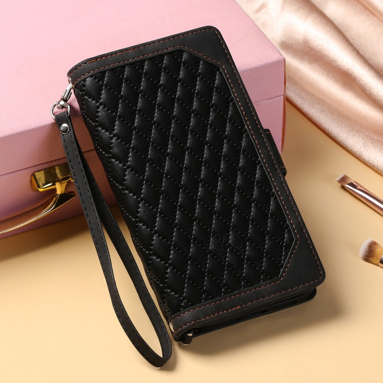 For iPhone 16 Plus Grid Texture Zipper Leather Phone Case with Lanyard(Black) - iPhone 16 Plus Cases by PMC TechLife | Online Shopping South Africa | PMC TechLife | Buy Now Pay Later Mobicred
