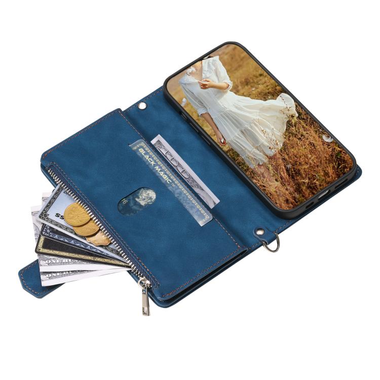 For iPhone 16e Grid Texture Zipper Leather Phone Case with Lanyard(Blue) - iPhone 16e Cases by PMC TechLife | Online Shopping South Africa | PMC TechLife | Buy Now Pay Later Mobicred