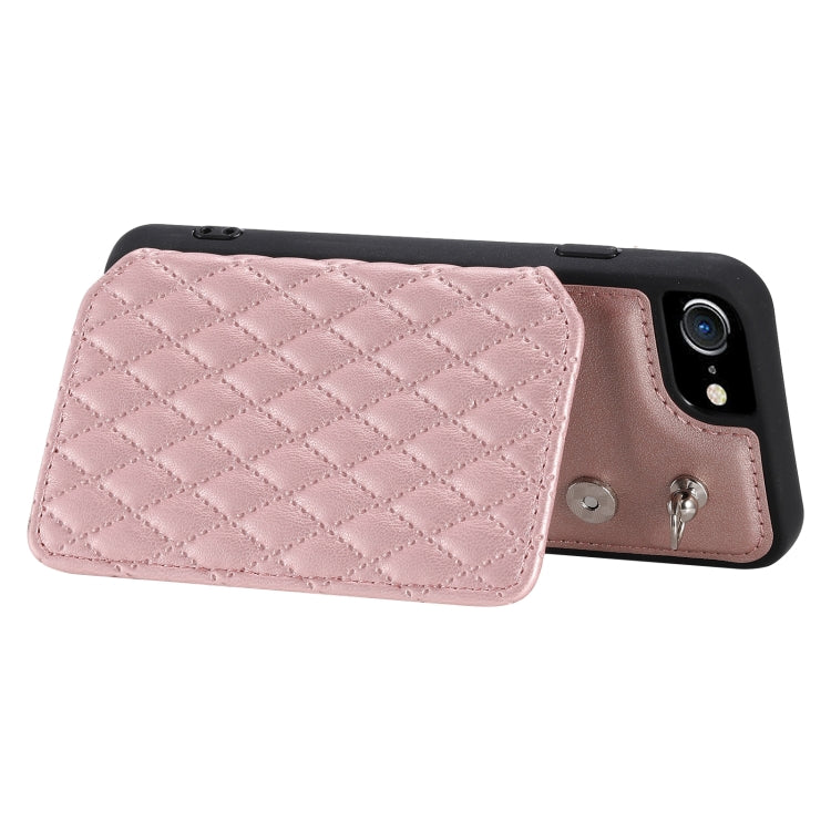 For iPhone SE 2022 / 2020 / 8 / 7 Grid Texture Card Bag Phone Case with Lanyard(Rose Gold) - iPhone SE 2022 / 2020 / 8 / 7 Cases by PMC TechLife | Online Shopping South Africa | PMC TechLife