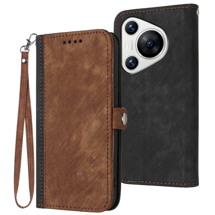 For Huawei Pura 70 Side Buckle Double Fold Hand Strap Leather Phone Case(Brown) - Huawei Cases by PMC Jewellery | Online Shopping South Africa | PMC Jewellery | Buy Now Pay Later Mobicred