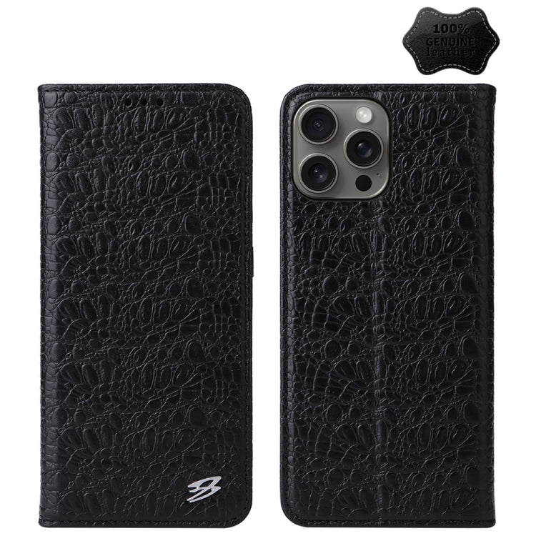 For iPhone 16 Pro Fierre Shann Crocodile Texture Magnetic Genuine Leather Phone Case(Black) - iPhone 16 Pro Cases by FIERRE SHANN | Online Shopping South Africa | PMC Jewellery | Buy Now Pay Later Mobicred