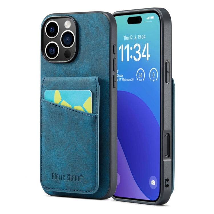 For iPhone 16 Pro Max Fierre Shann Crazy Horse Card Holder Back Cover PU Phone Case(Blue) - iPhone 16 Pro Max Cases by FIERRE SHANN | Online Shopping South Africa | PMC Jewellery | Buy Now Pay Later Mobicred