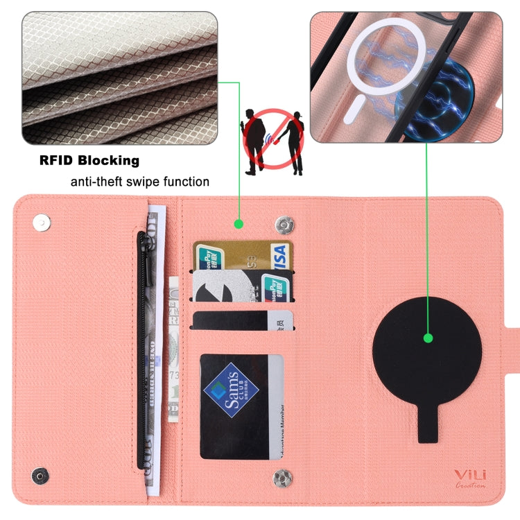 For iPhone 15 ViLi GHB Series MagSafe Magnetic Zipper Leather Phone Case(Pink) - iPhone 15 Cases by ViLi | Online Shopping South Africa | PMC Jewellery | Buy Now Pay Later Mobicred