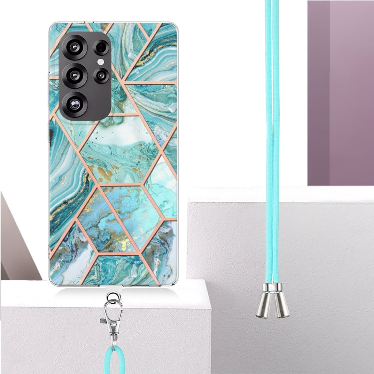 For Samsung Galaxy S25 Ultra 5G Electroplating IMD Splicing Dual-side Marble TPU Phone Case with Lanyard(Blue) - Galaxy S25 Ultra 5G Cases by PMC Jewellery | Online Shopping South Africa | PMC Jewellery | Buy Now Pay Later Mobicred