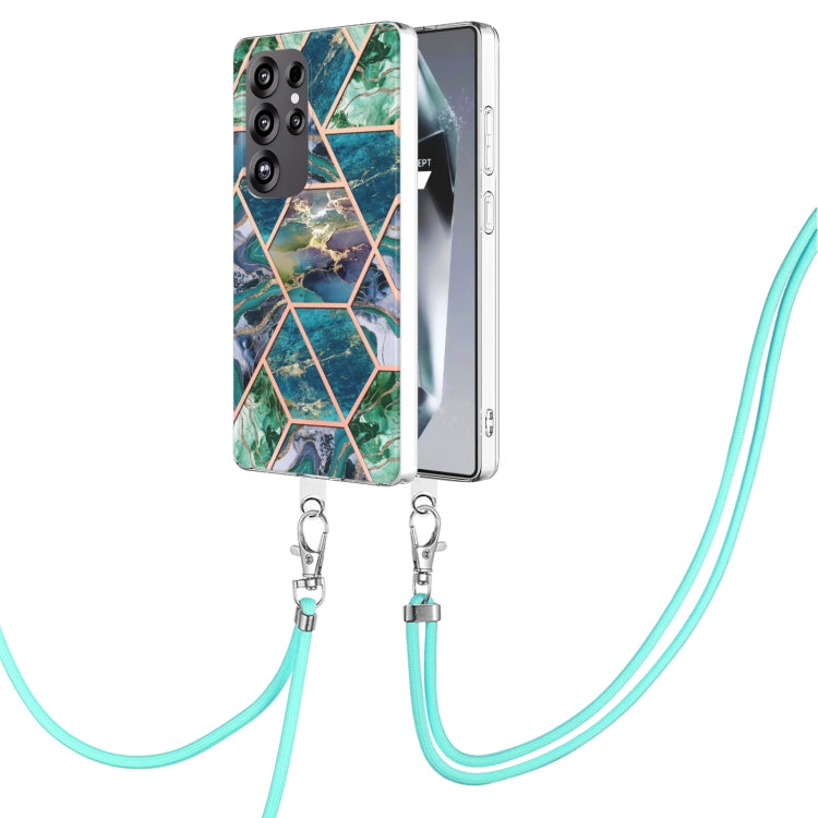 For Samsung Galaxy S25 Ultra 5G Electroplating IMD Splicing Dual-side Marble TPU Phone Case with Lanyard(Blue Green) - Galaxy S25 Ultra 5G Cases by PMC Jewellery | Online Shopping South Africa | PMC Jewellery | Buy Now Pay Later Mobicred