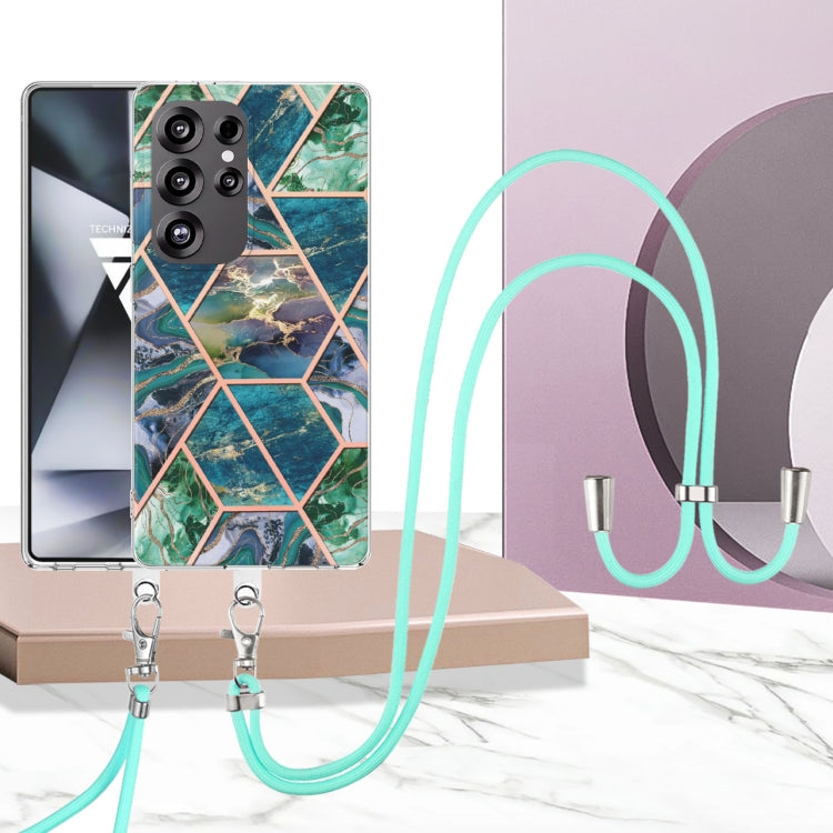 For Samsung Galaxy S25 Ultra 5G Electroplating IMD Splicing Dual-side Marble TPU Phone Case with Lanyard(Blue Green) - Galaxy S25 Ultra 5G Cases by PMC Jewellery | Online Shopping South Africa | PMC Jewellery | Buy Now Pay Later Mobicred