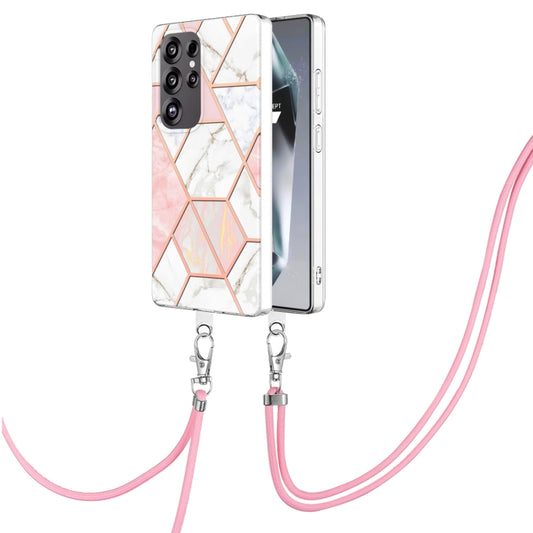 For Samsung Galaxy S25 Ultra 5G Electroplating IMD Splicing Dual-side Marble TPU Phone Case with Lanyard(Pink White) - Galaxy S25 Ultra 5G Cases by PMC Jewellery | Online Shopping South Africa | PMC Jewellery | Buy Now Pay Later Mobicred