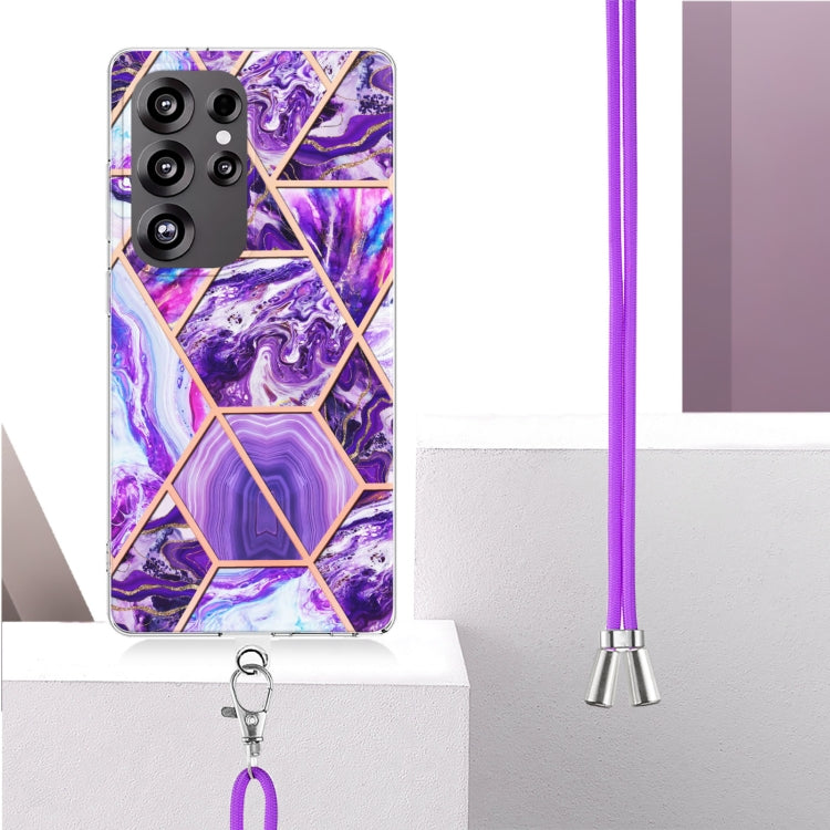 For Samsung Galaxy S25 Ultra 5G Electroplating IMD Splicing Dual-side Marble TPU Phone Case with Lanyard(Dark Purple) - Galaxy S25 Ultra 5G Cases by PMC Jewellery | Online Shopping South Africa | PMC Jewellery | Buy Now Pay Later Mobicred