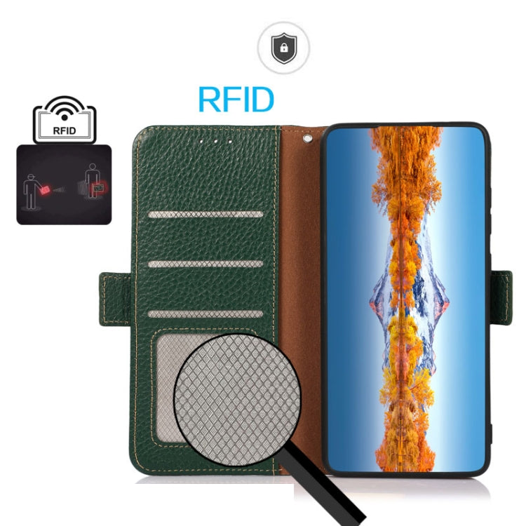 For Honor 200 KHAZNEH Side-Magnetic Litchi Genuine Leather RFID Phone Case(Green) - Honor Cases by PMC TechLife | Online Shopping South Africa | PMC TechLife | Buy Now Pay Later Mobicred