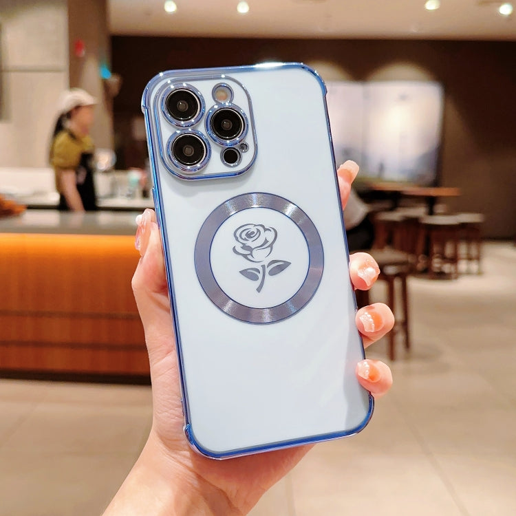 For iPhone 14 Pro Max Electroplate Side Roses Flower MagSafe Phone Case(Blue) - iPhone 14 Pro Max Cases by PMC TechLife | Online Shopping South Africa | PMC TechLife