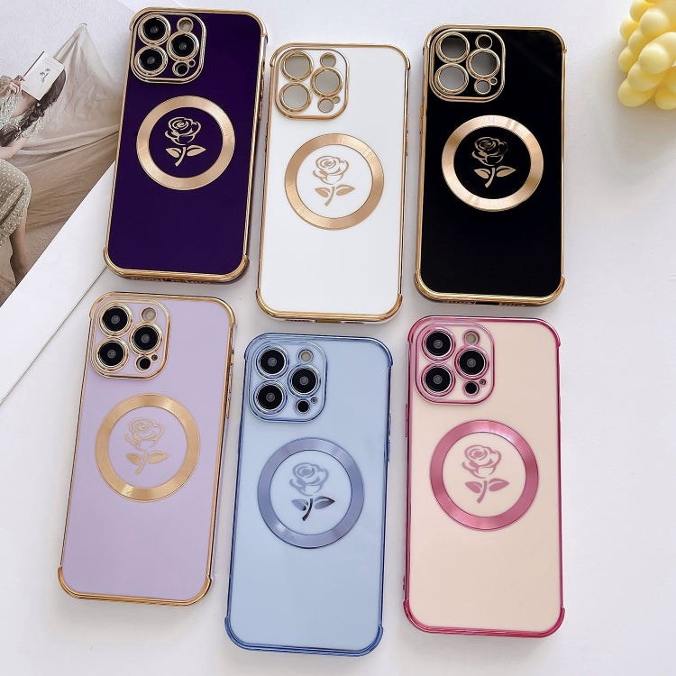 For iPhone 14 Pro Max Electroplate Side Roses Flower MagSafe Phone Case(Blue) - iPhone 14 Pro Max Cases by PMC TechLife | Online Shopping South Africa | PMC TechLife